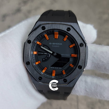 Casioak Mod Watch Black Case Black Rubber Strap Black Orange Time Mark Black Dial 44mm- Casioak Mod Casio G-Shock Royal Oak Custom Mens Luxury Watches Ga2100