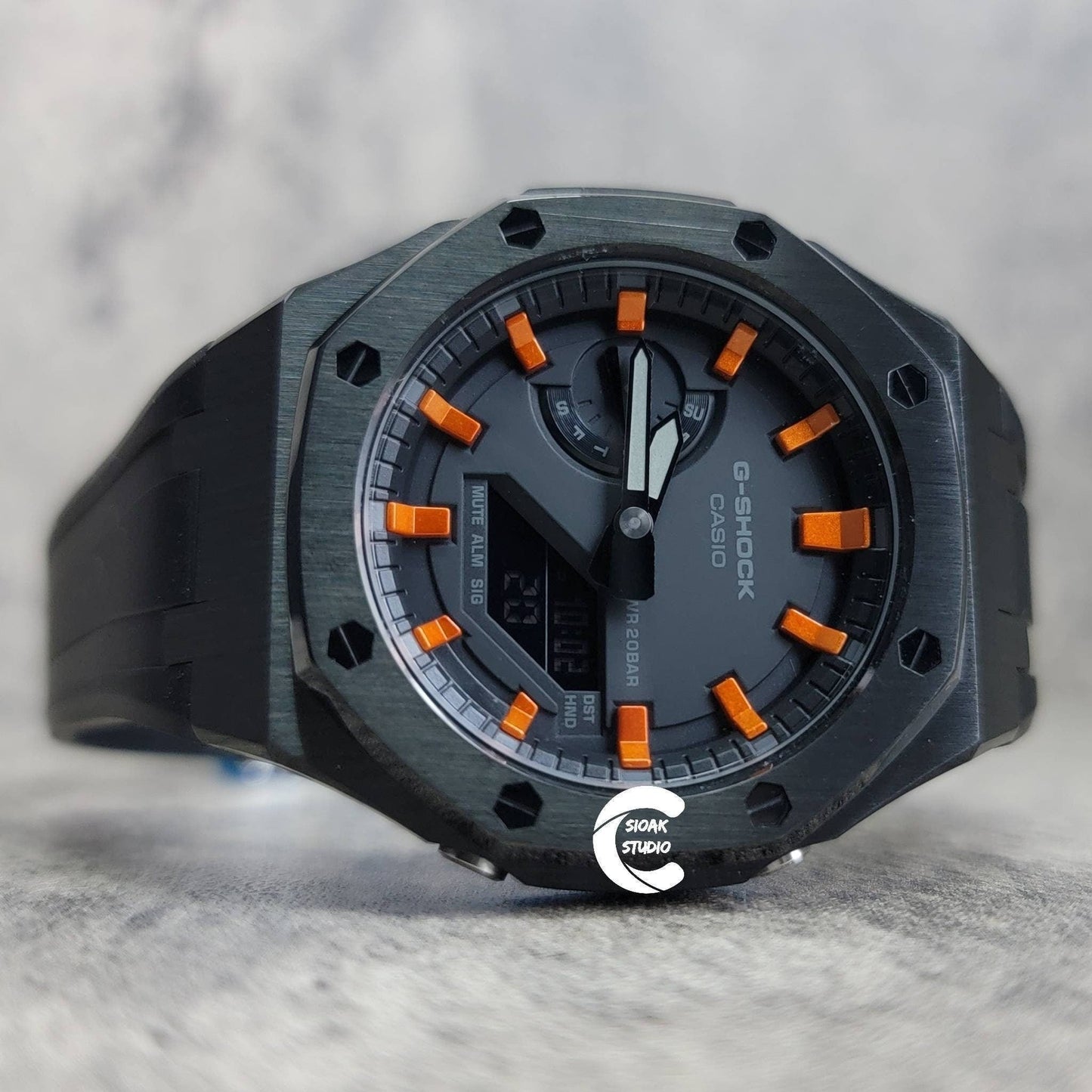 Casioak Mod Watch Black Case Black Rubber Strap Black Orange Time Mark Black Dial 44mm- Casioak Mod Casio G-Shock Royal Oak Custom Mens Luxury Watches Ga2100