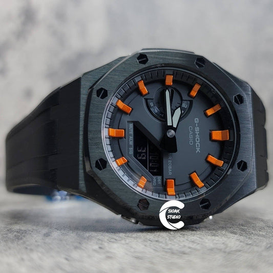 Casioak Mod Watch Black Case Black Rubber Strap Black Orange Time Mark Black Dial 44mm- Casioak Mod Casio G-Shock Royal Oak Custom Mens Luxury Watches Ga2100