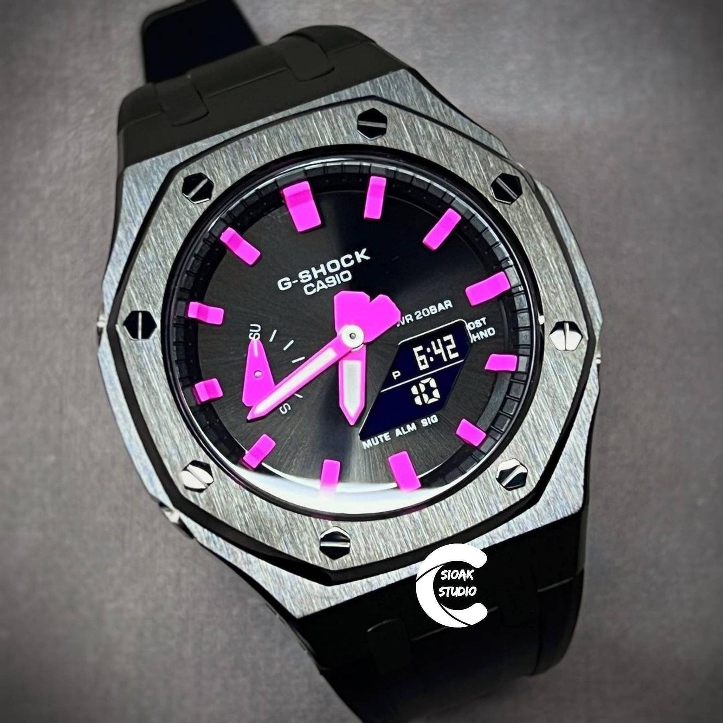 Casioak Mod Watch Black Case Black Rubber Strap Black Pink Time Mark Black Dial 44mm- Casioak Mod Casio G-Shock Royal Oak Custom Mens Luxury Watches Ga2100