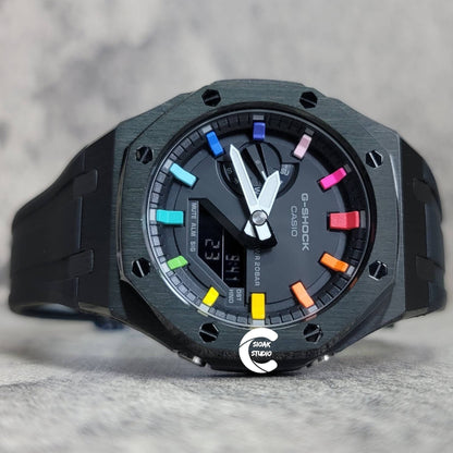 Casioak Mod Watch Black Case Black Rubber Strap Black Rainbow Time Mark Black Dial 44mm- Casioak Mod Casio G-Shock Royal Oak Custom Mens Luxury Watches Ga2100