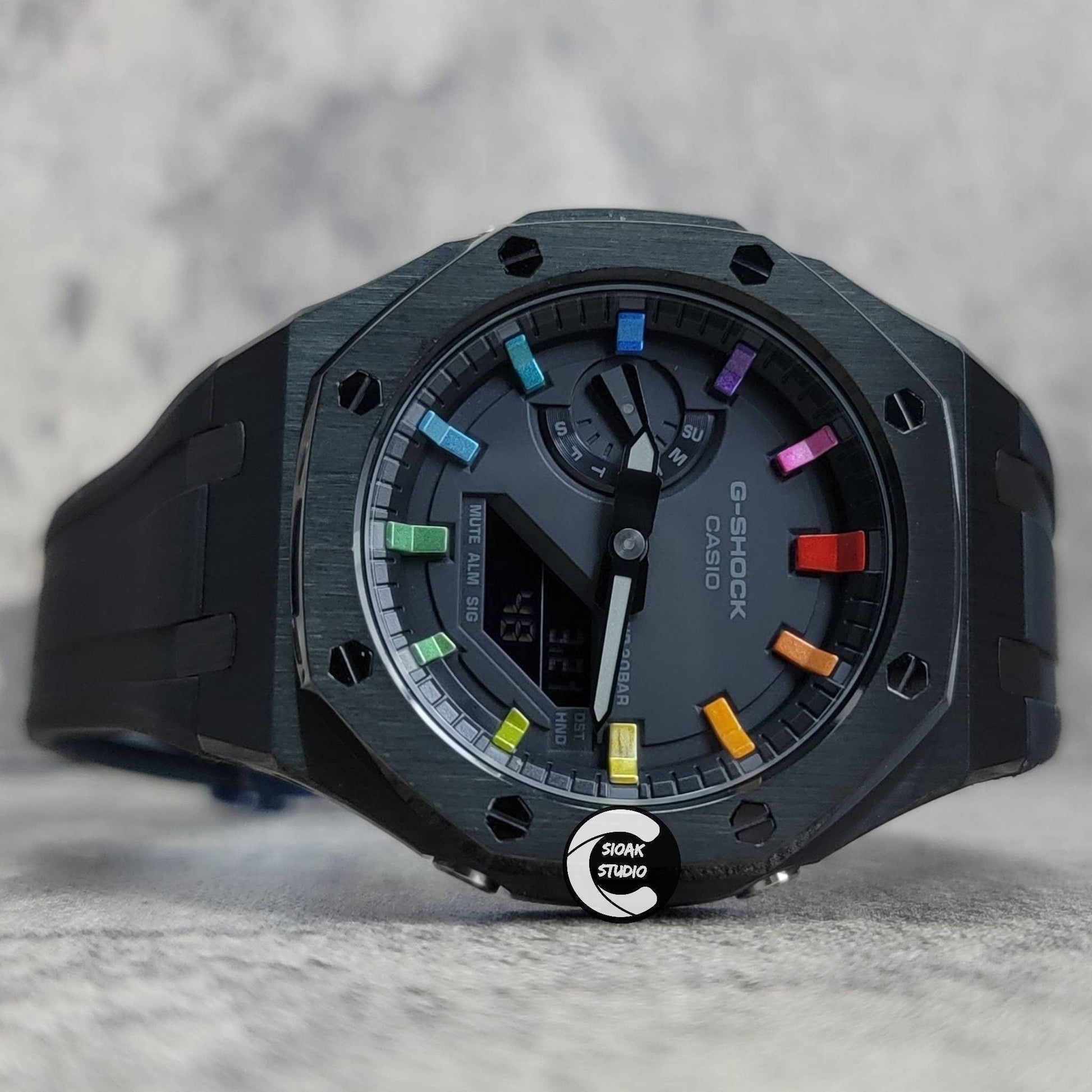 Casioak Mod Watch Black Case Black Rubber Strap Black Rainbow Time Mark Black Dial 44mm- Casioak Mod Casio G-Shock Royal Oak Custom Mens Luxury Watches Ga2100