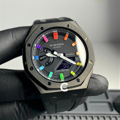 Casioak Mod Watch Black Case Black Rubber Strap Black Rainbow Time Mark Black Dial 44mm- Casioak Mod Casio G-Shock Royal Oak Custom Mens Luxury Watches Ga2100