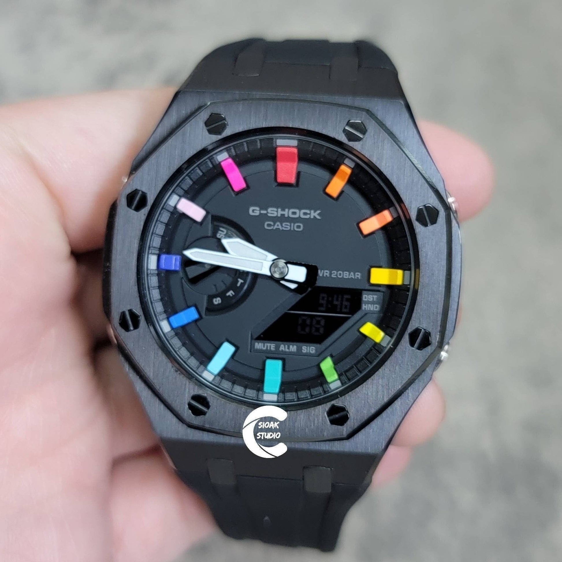 Casioak Mod Watch Black Case Black Rubber Strap Black Rainbow Time Mark Black Dial 44mm- Casioak Mod Casio G-Shock Royal Oak Custom Mens Luxury Watches Ga2100