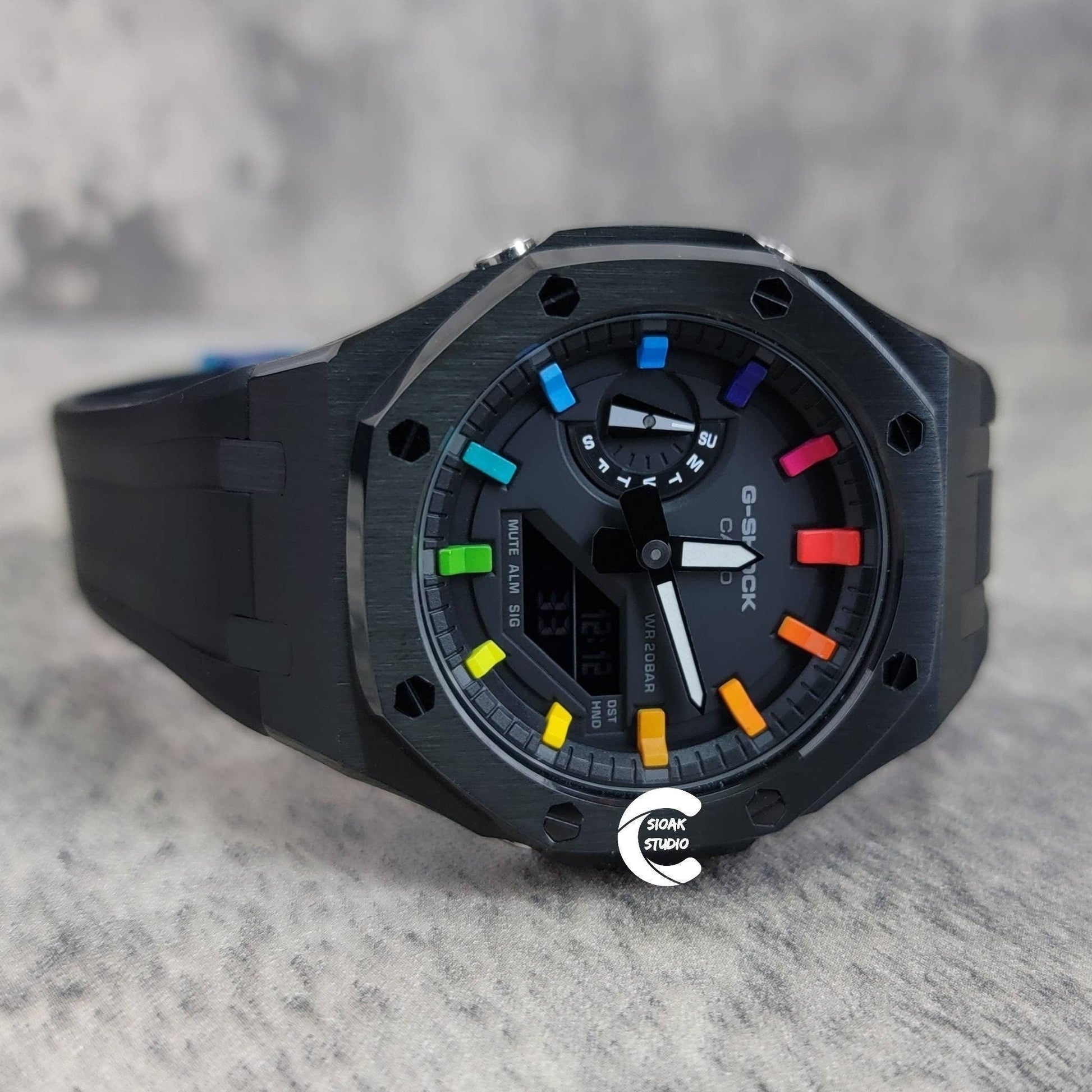 Casioak Mod Watch Black Case Black Rubber Strap Black Rainbow Time Mark Black Dial 44mm- Casioak Mod Casio G-Shock Royal Oak Custom Mens Luxury Watches Ga2100