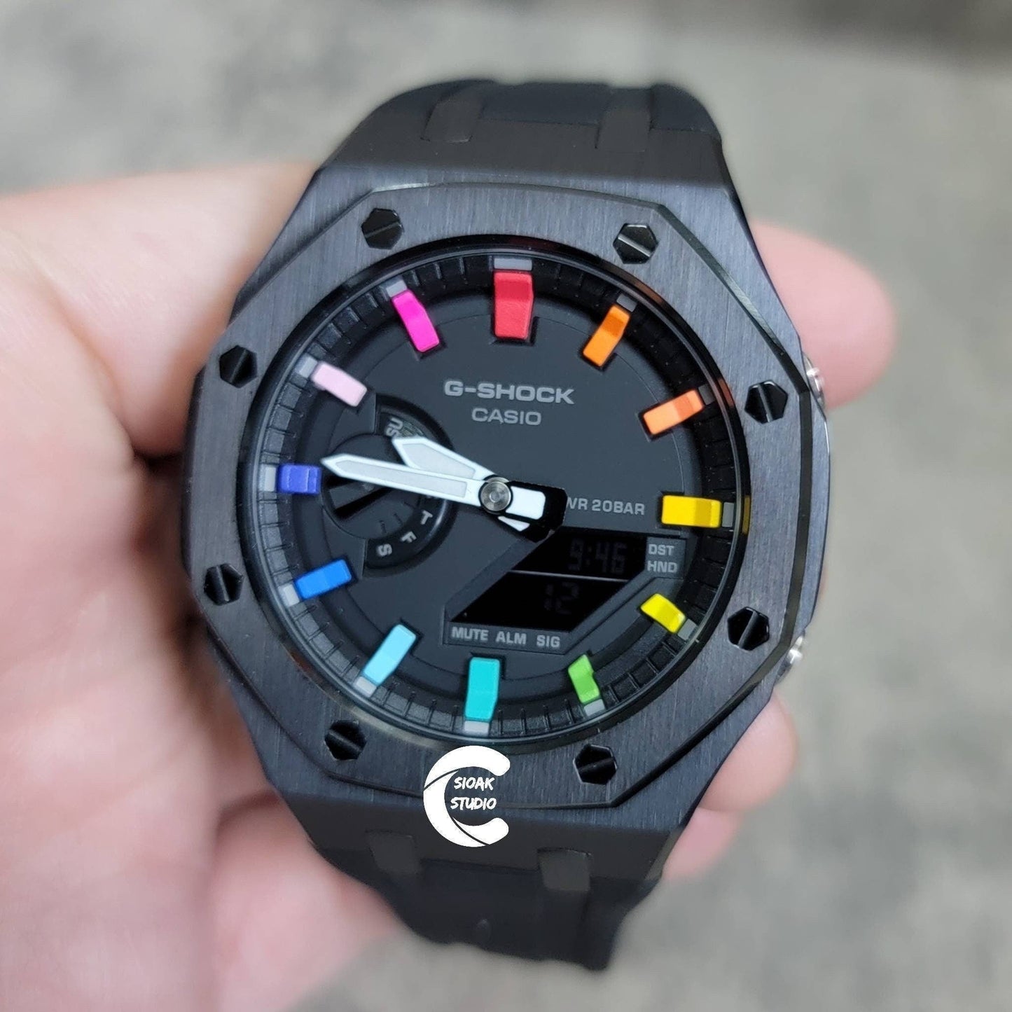 Casioak Mod Watch Black Case Black Rubber Strap Black Rainbow Time Mark Black Dial 44mm- Casioak Mod Casio G-Shock Royal Oak Custom Mens Luxury Watches Ga2100