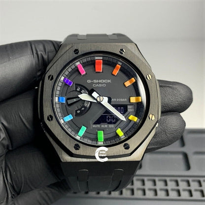 Casioak Mod Watch Black Case Black Rubber Strap Black Rainbow Time Mark Black Dial 44mm- Casioak Mod Casio G-Shock Royal Oak Custom Mens Luxury Watches Ga2100