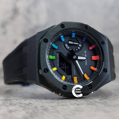 Casioak Mod Watch Black Case Black Rubber Strap Black Rainbow Time Mark Black Dial 44mm- Casioak Mod Casio G-Shock Royal Oak Custom Mens Luxury Watches Ga2100