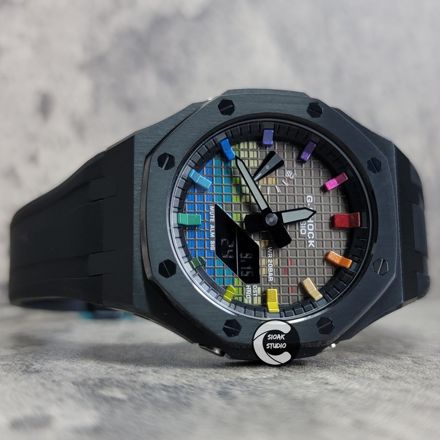 Casioak Mod Watch Black Case Black Rubber Strap Black Rainbow Time Mark Music Dial 44mm- Casioak Mod Casio G-Shock Royal Oak Custom Mens Luxury Watches Ga2100