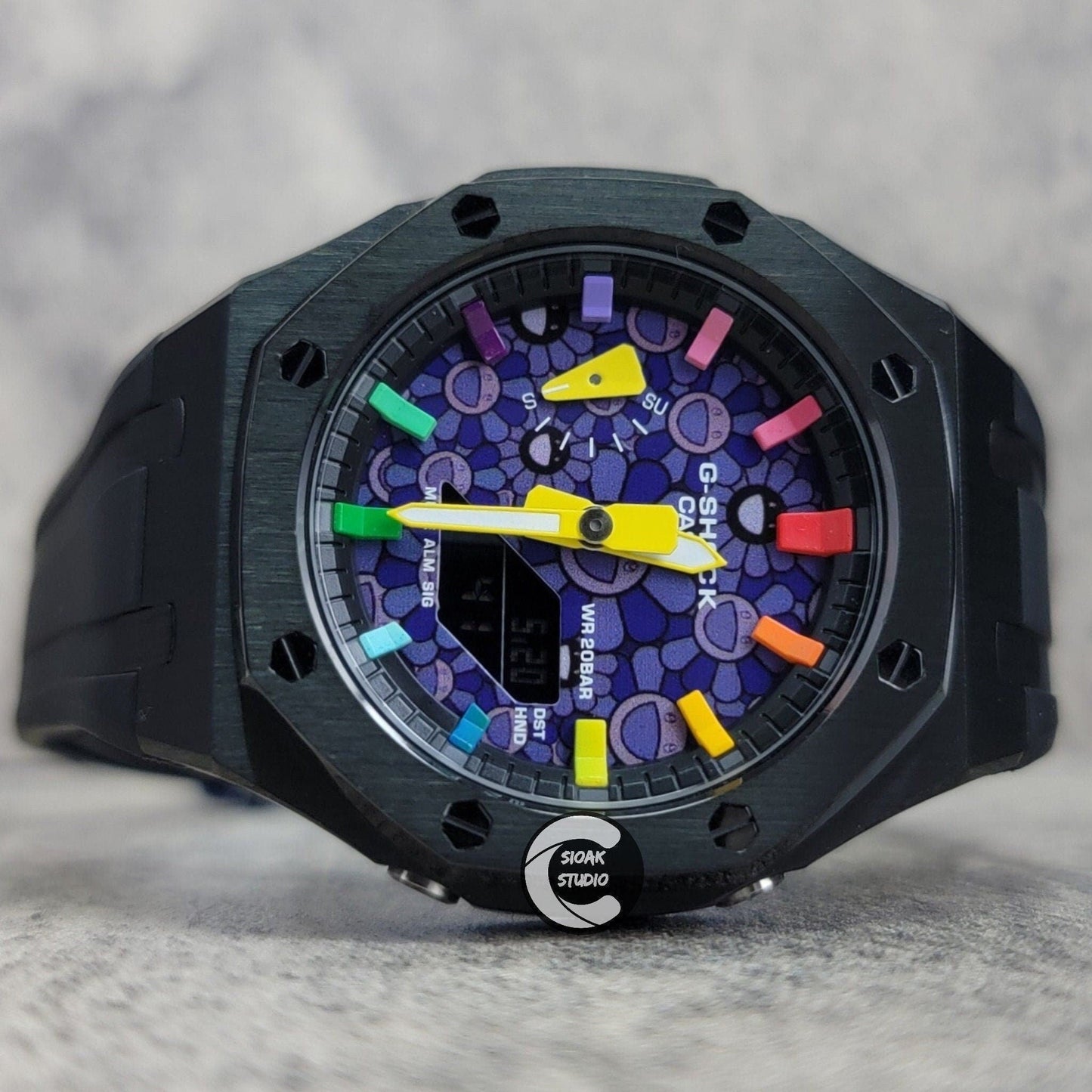 Casioak Mod Watch Black Case Black Rubber Strap Black Rainbow Time Mark Takashi Murakami Dial 44mm- Casioak Mod Casio G-Shock Royal Oak Custom Mens Luxury Watches Ga2100