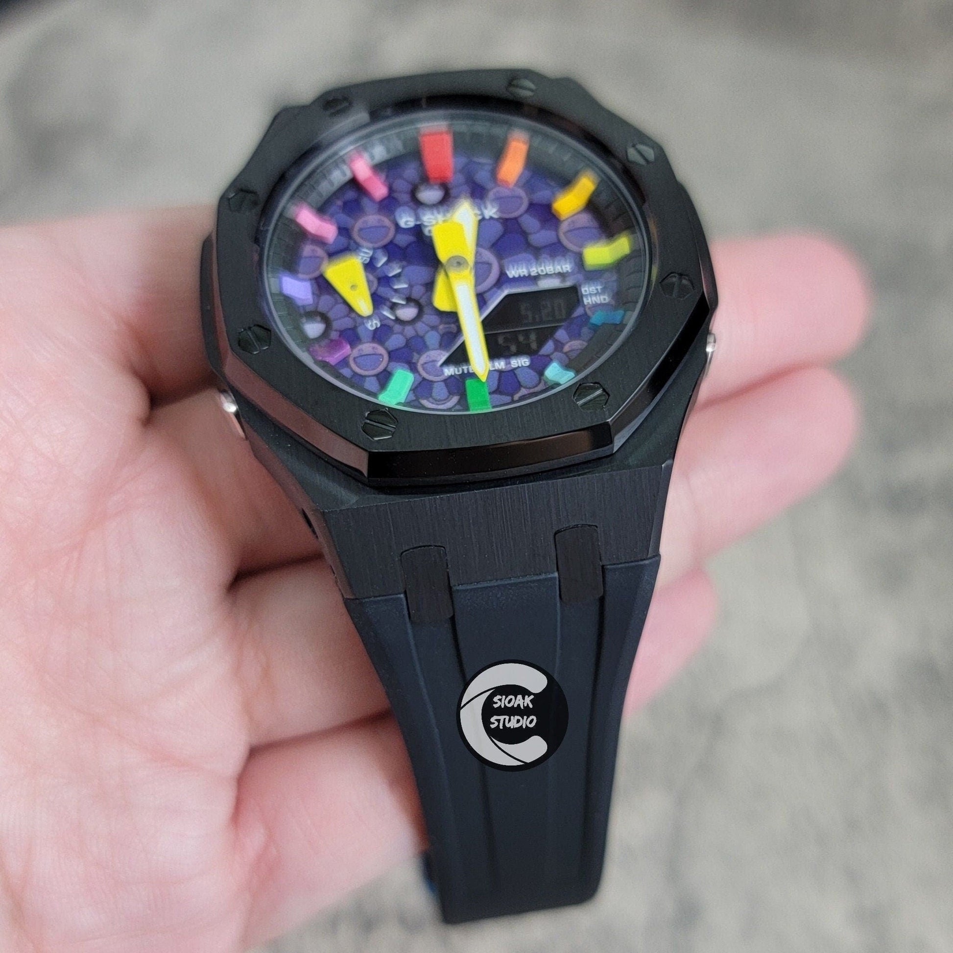 Casioak Mod Watch Black Case Black Rubber Strap Black Rainbow Time Mark Takashi Murakami Dial 44mm- Casioak Mod Casio G-Shock Royal Oak Custom Mens Luxury Watches Ga2100