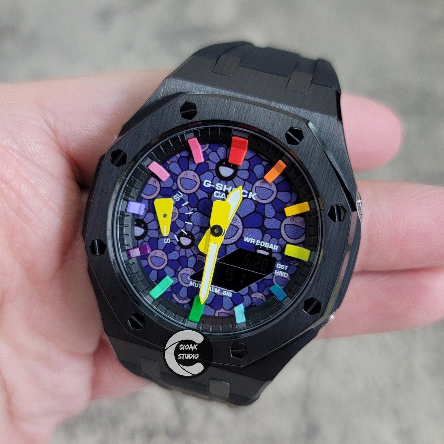 Casioak Mod Watch Black Case Black Rubber Strap Black Rainbow Time Mark Takashi Murakami Dial 44mm- Casioak Mod Casio G-Shock Royal Oak Custom Mens Luxury Watches Ga2100