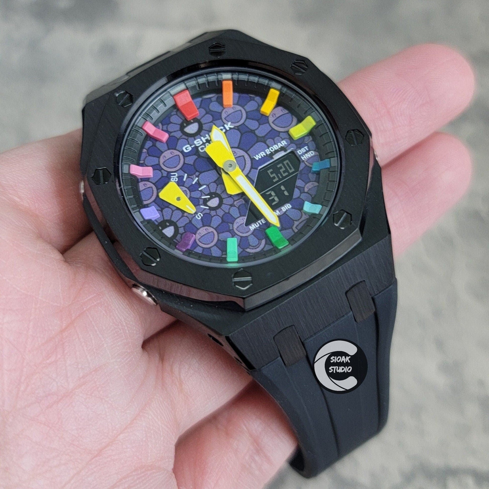 Casioak Mod Watch Black Case Black Rubber Strap Black Rainbow Time Mark Takashi Murakami Dial 44mm- Casioak Mod Casio G-Shock Royal Oak Custom Mens Luxury Watches Ga2100