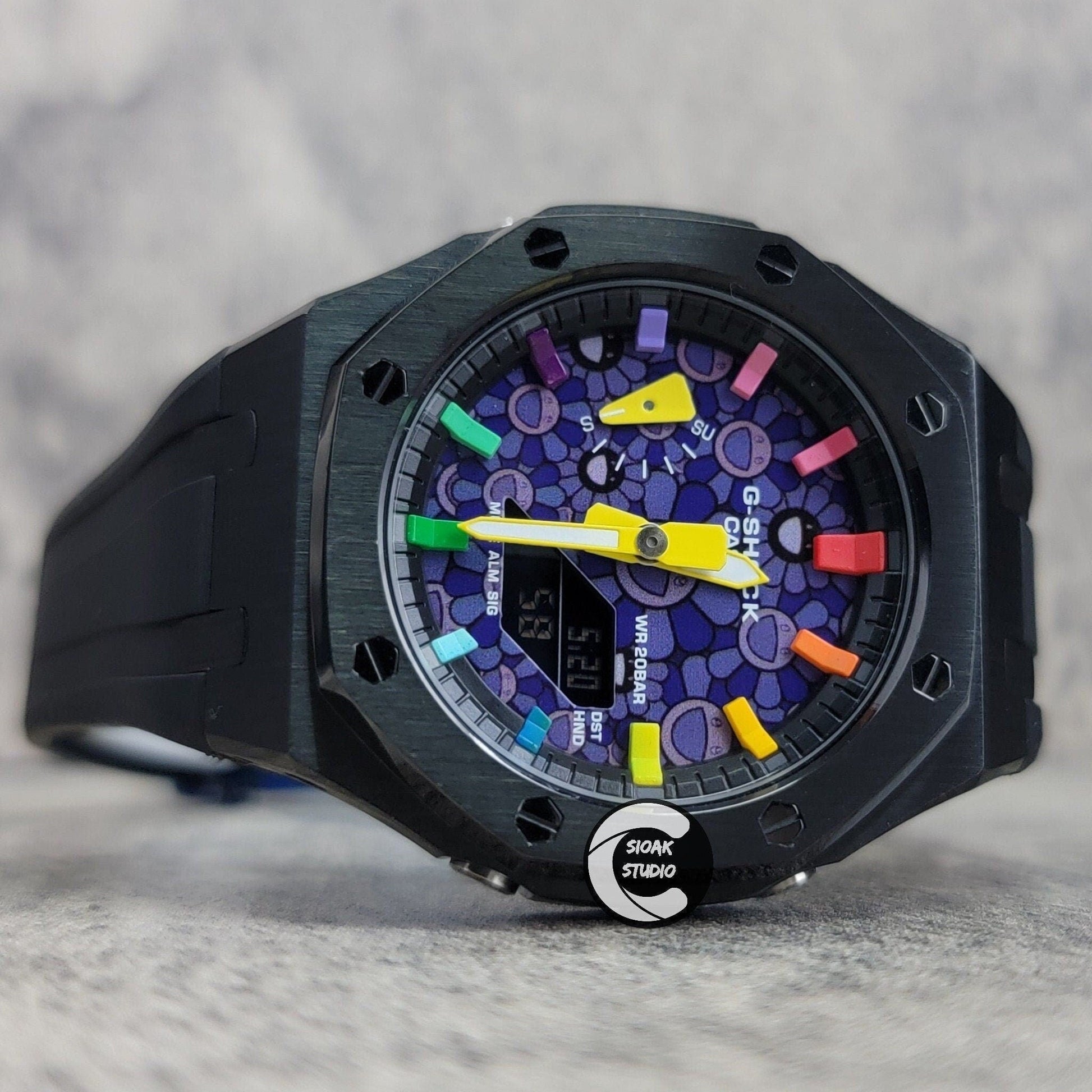 Casioak Mod Watch Black Case Black Rubber Strap Black Rainbow Time Mark Takashi Murakami Dial 44mm- Casioak Mod Casio G-Shock Royal Oak Custom Mens Luxury Watches Ga2100