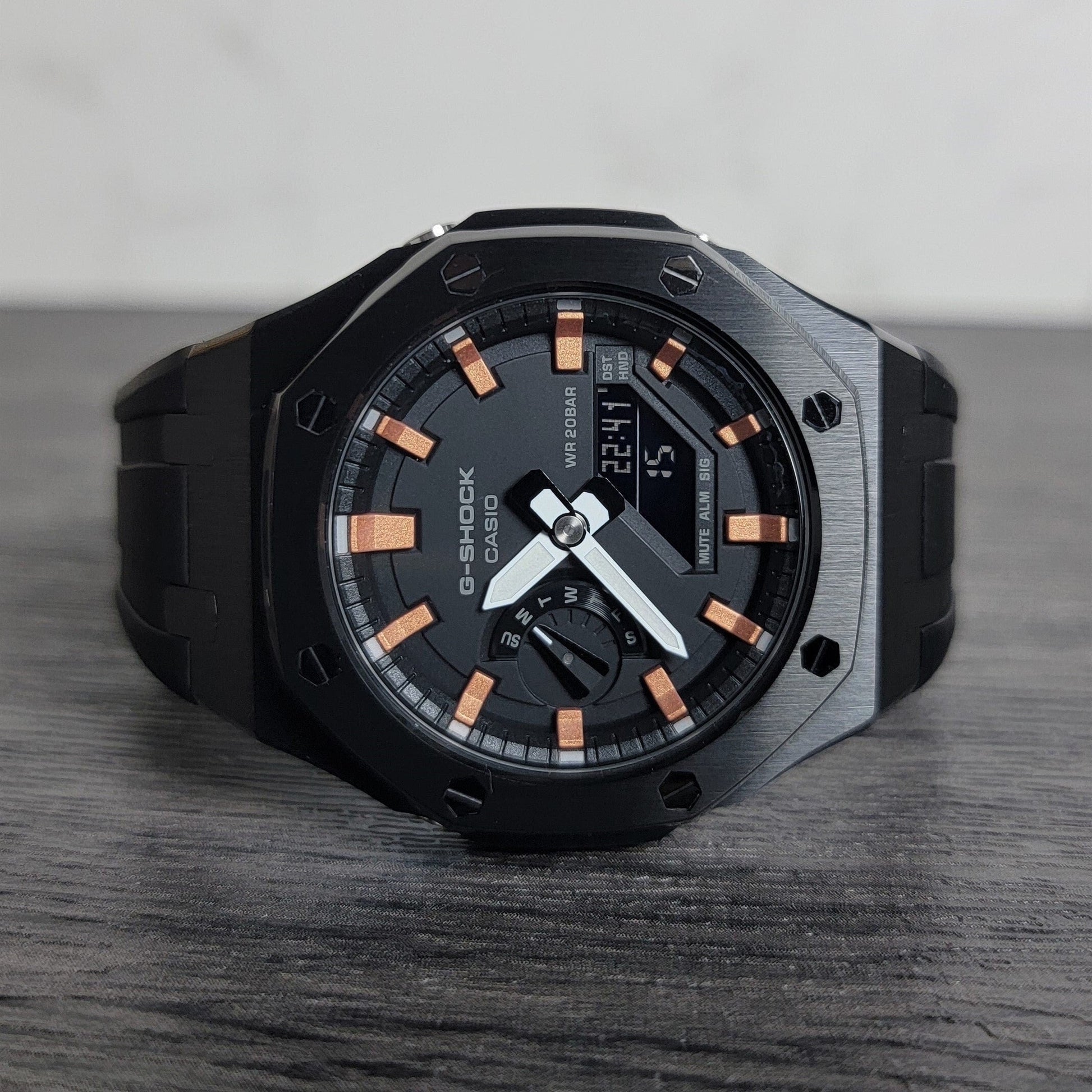 Casioak Mod Watch Black Case Black Rubber Strap Black Rose Gold Time Mark Black Dial 44mm- Casioak Mod Casio G-Shock Royal Oak Custom Mens Luxury Watches Ga2100