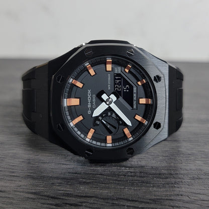 Casioak Mod Watch Black Case Black Rubber Strap Black Rose Gold Time Mark Black Dial 44mm- Casioak Mod Casio G-Shock Royal Oak Custom Mens Luxury Watches Ga2100