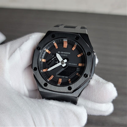 Casioak Mod Watch Black Case Black Rubber Strap Black Rose Gold Time Mark Black Dial 44mm- Casioak Mod Casio G-Shock Royal Oak Custom Mens Luxury Watches Ga2100