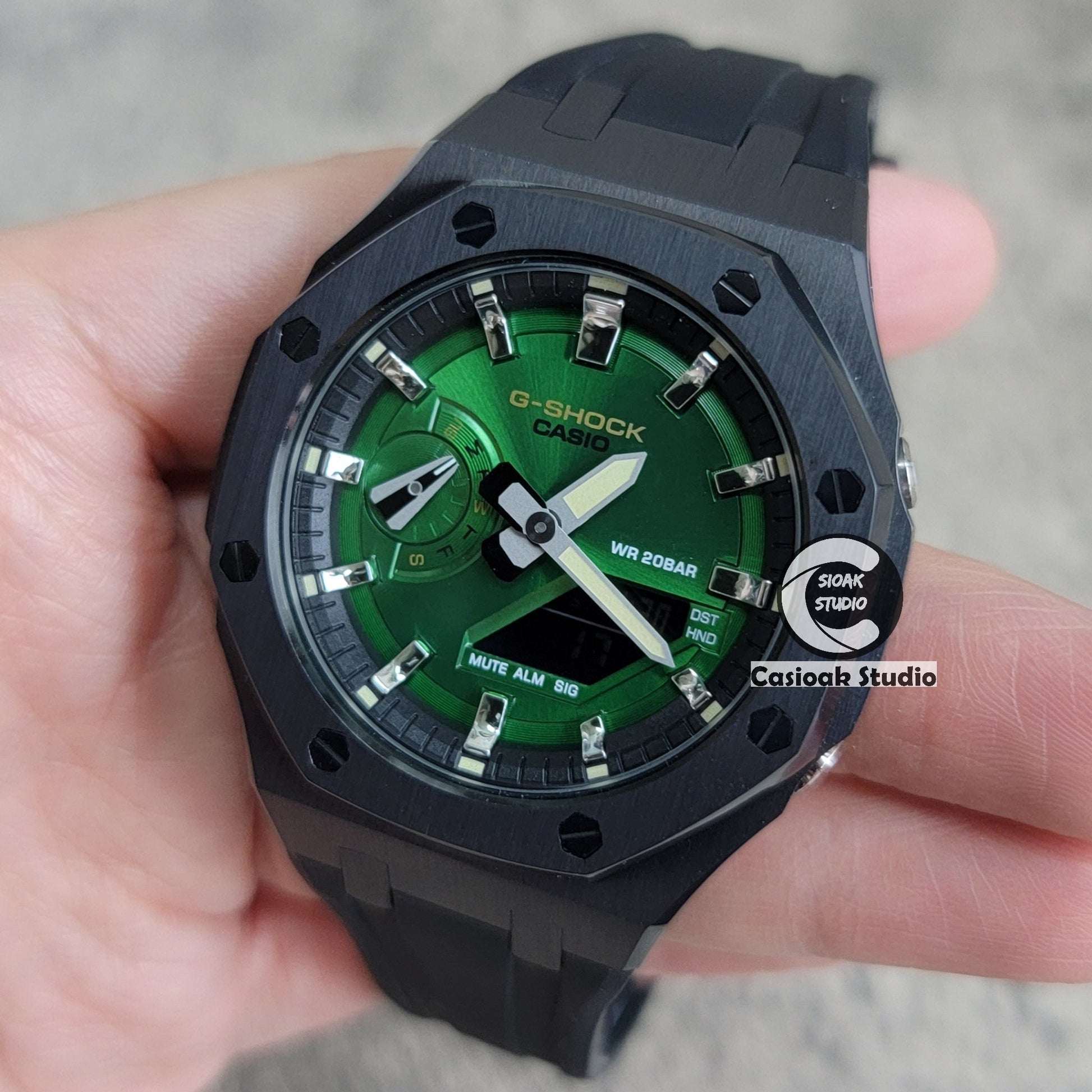 Casioak Mod Watch Black Case Black Rubber Strap Black Silver Time Mark Green Dial 44mm- Casioak Mod Casio G-Shock Royal Oak Custom Mens Luxury Watches Ga2100