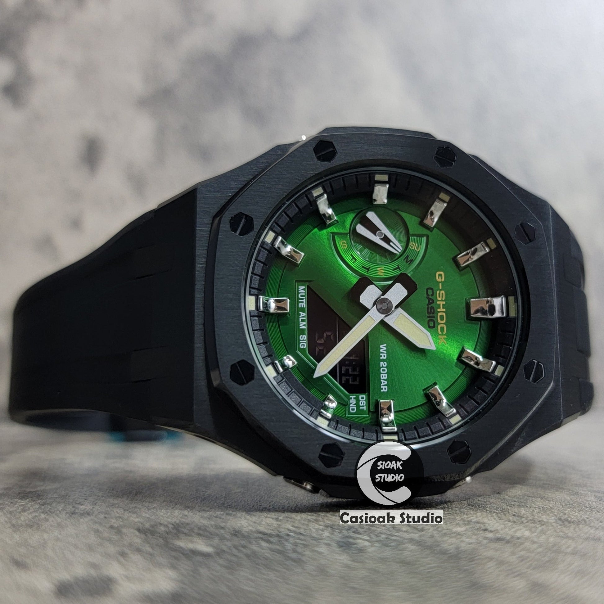 Casioak Mod Watch Black Case Black Rubber Strap Black Silver Time Mark Green Dial 44mm- Casioak Mod Casio G-Shock Royal Oak Custom Mens Luxury Watches Ga2100