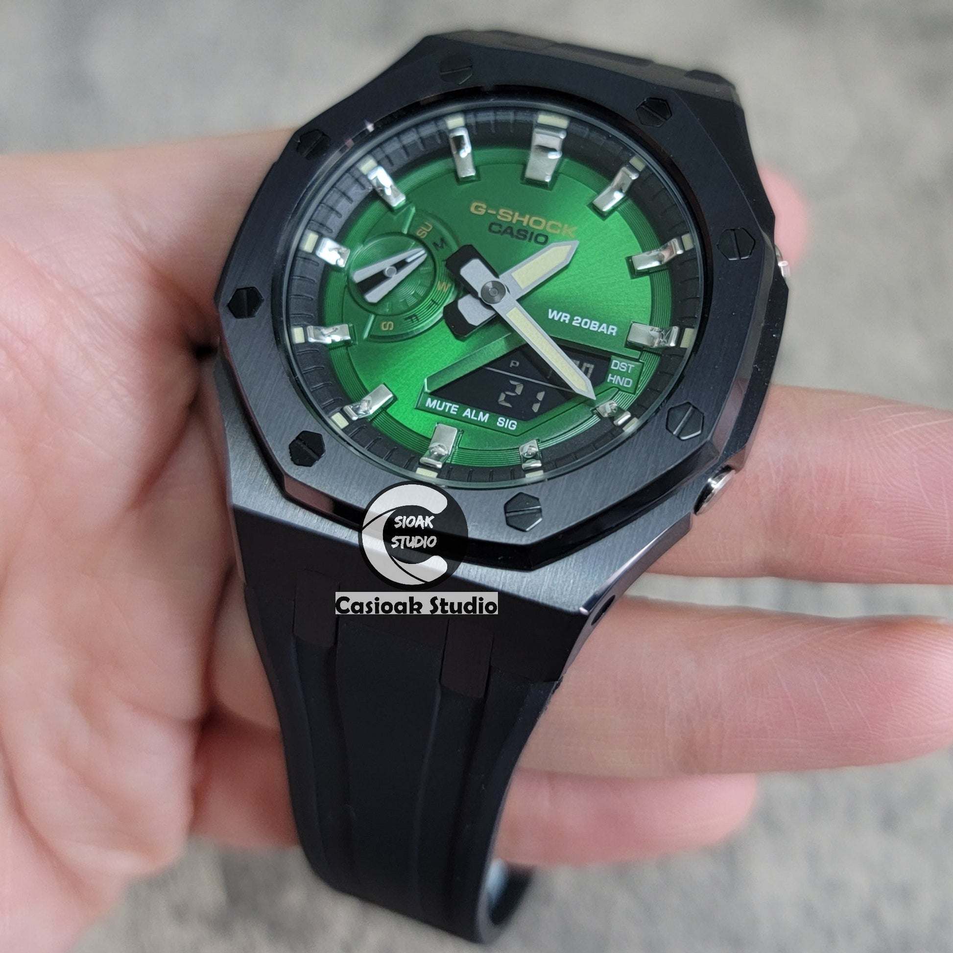 Casioak Mod Watch Black Case Black Rubber Strap Black Silver Time Mark Green Dial 44mm- Casioak Mod Casio G-Shock Royal Oak Custom Mens Luxury Watches Ga2100