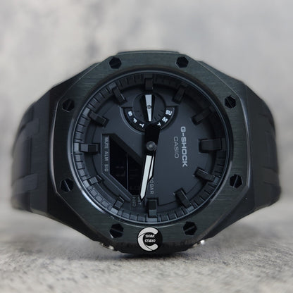 Casioak Mod Watch Black Case Black Rubber Strap Black Time Mark Black Dial 44mm- Casioak Mod Casio G-Shock Royal Oak Custom Mens Luxury Watches Ga2100