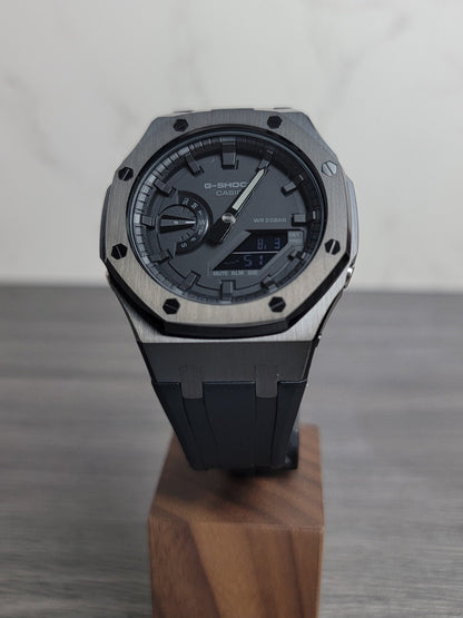 Casioak Mod Watch Black Case Black Rubber Strap Black Time Mark Black Dial 44mm- Casioak Mod Casio G-Shock Royal Oak Custom Mens Luxury Watches Ga2100