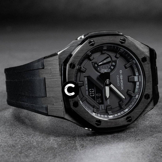 Casioak Mod Watch Black Case Black Rubber Strap Black Time Mark Black Dial 44mm- Casioak Mod Casio G-Shock Royal Oak Custom Mens Luxury Watches Ga2100