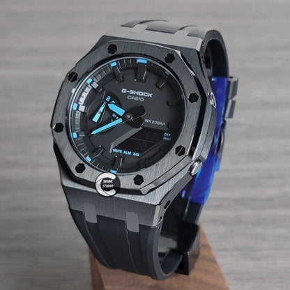 Casioak Mod Watch Black Case Black Rubber Strap Black Time Mark Black Dial Blue 44mm- Casioak Mod Casio G-Shock Royal Oak Custom Mens Luxury Watches Ga2100