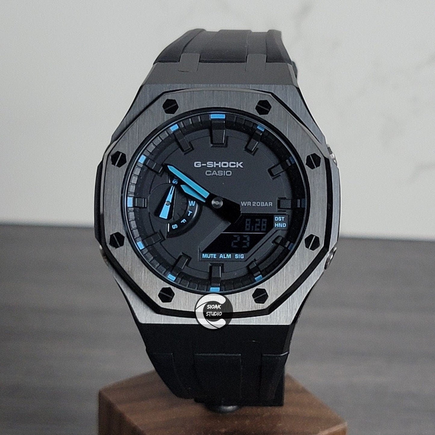 Casioak Mod Watch Black Case Black Rubber Strap Black Time Mark Black Dial Blue 44mm- Casioak Mod Casio G-Shock Royal Oak Custom Mens Luxury Watches Ga2100