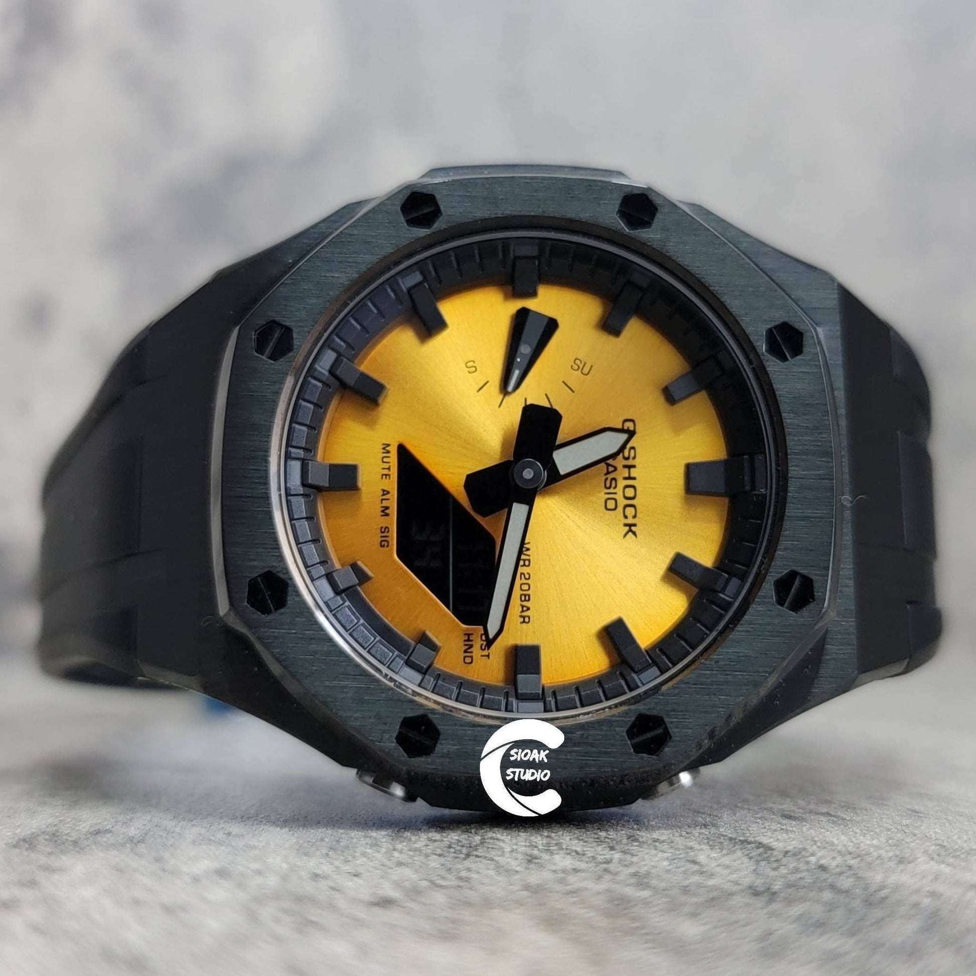 Casioak Mod Watch Black Case Black Rubber Strap Black Time Mark Gold Dial 44mm- Casioak Mod Casio G-Shock Royal Oak Custom Mens Luxury Watches Ga2100