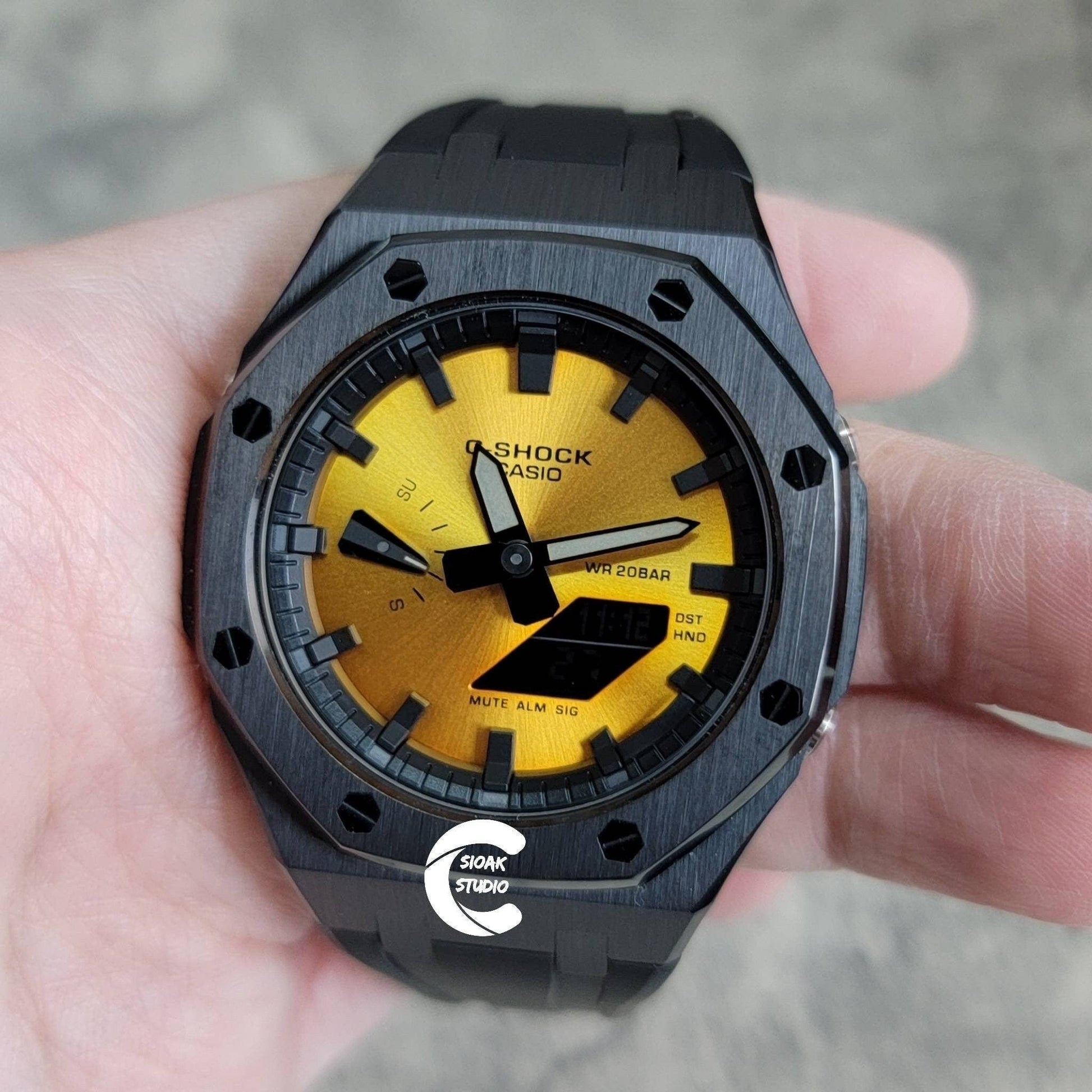 Casioak Mod Watch Black Case Black Rubber Strap Black Time Mark Gold Dial 44mm- Casioak Mod Casio G-Shock Royal Oak Custom Mens Luxury Watches Ga2100