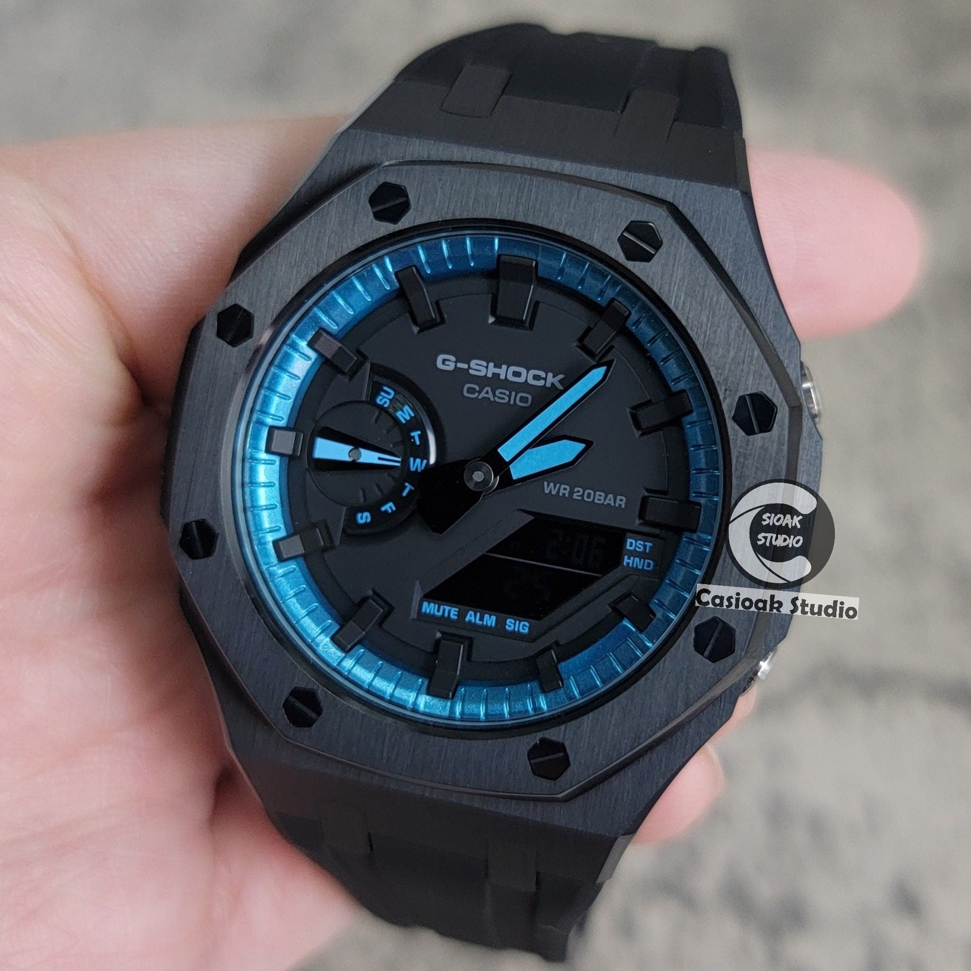 Casioak Mod Watch Black Case Black Rubber Strap Blue Black Time Mark Black Dial 44mm- Casioak Mod Casio G-Shock Royal Oak Custom Mens Luxury Watches Ga2100