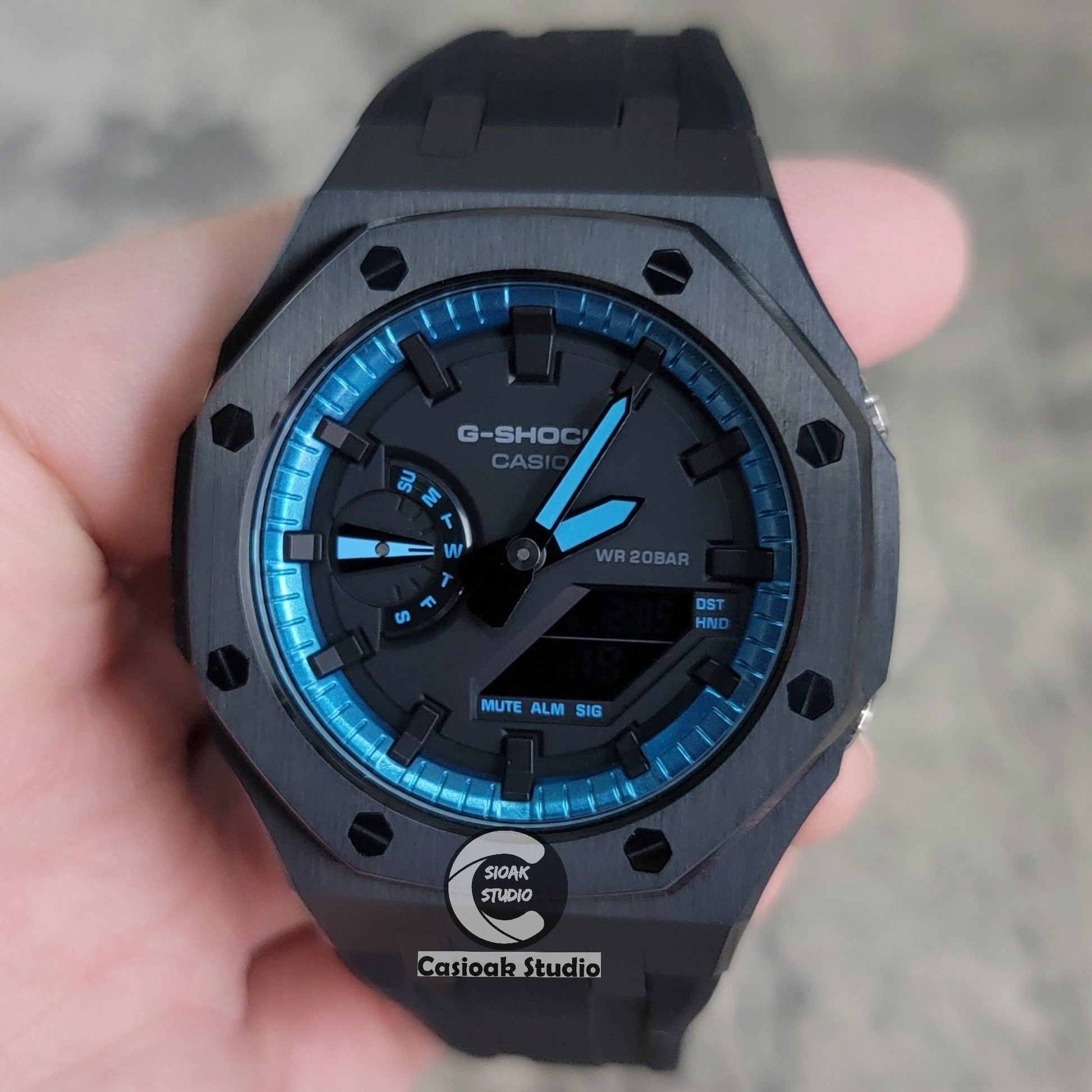 Casioak Mod Watch Black Case Black Rubber Strap Blue Black Time Mark Black Dial 44mm- Casioak Mod Casio G-Shock Royal Oak Custom Mens Luxury Watches Ga2100