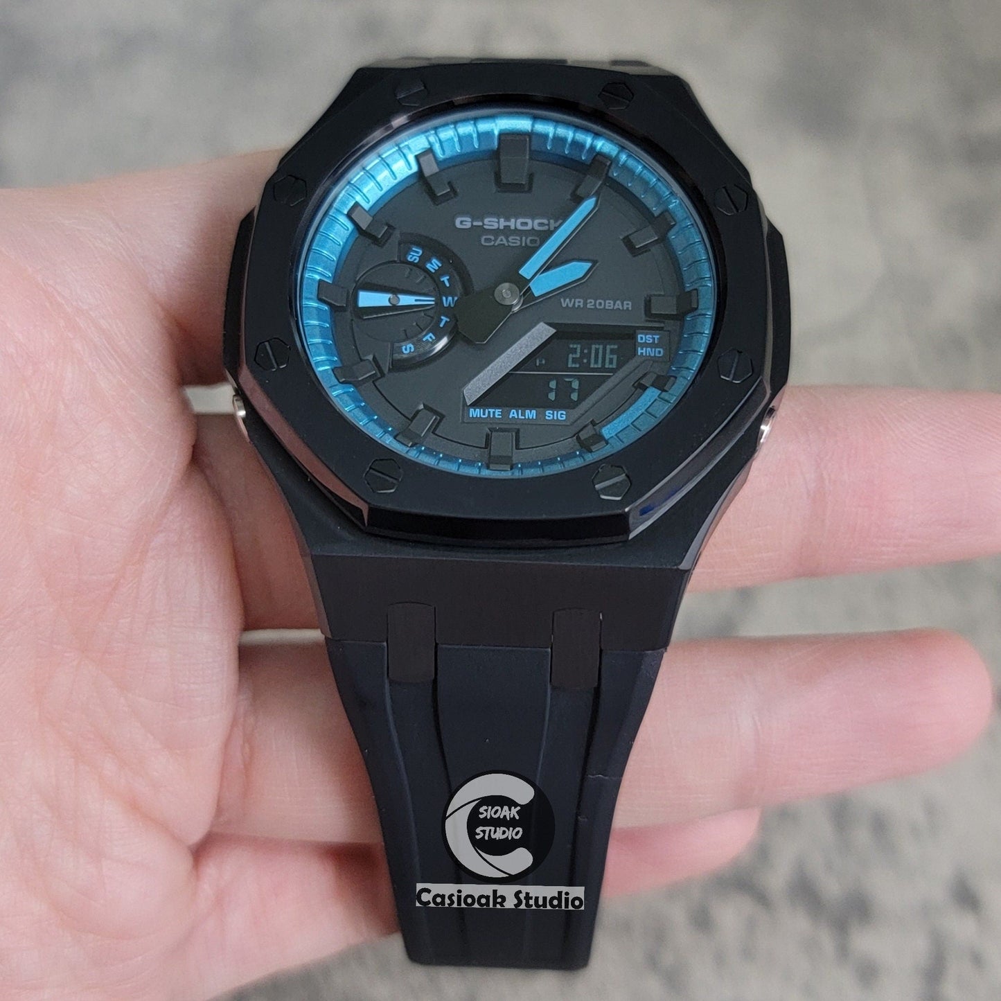 Casioak Mod Watch Black Case Black Rubber Strap Blue Black Time Mark Black Dial 44mm- Casioak Mod Casio G-Shock Royal Oak Custom Mens Luxury Watches Ga2100