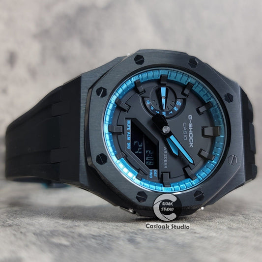 Casioak Mod Watch Black Case Black Rubber Strap Blue Black Time Mark Black Dial 44mm- Casioak Mod Casio G-Shock Royal Oak Custom Mens Luxury Watches Ga2100