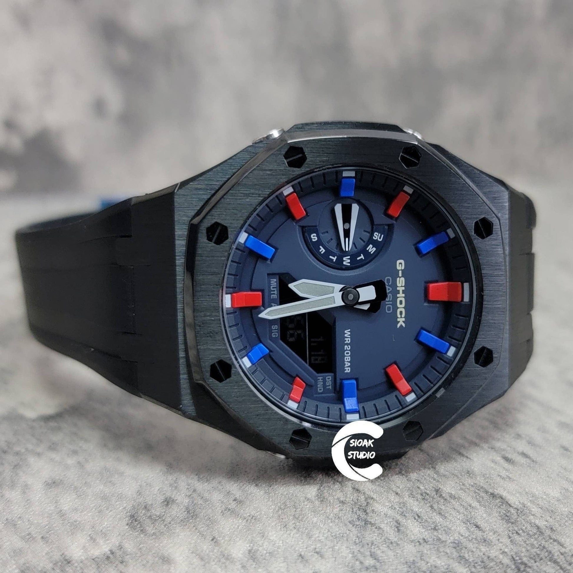 Casioak Mod Watch Black Case Black Rubber Strap Blue Red Time Mark Blue Dial 44mm- Casioak Mod Casio G-Shock Royal Oak Custom Mens Luxury Watches Ga2100