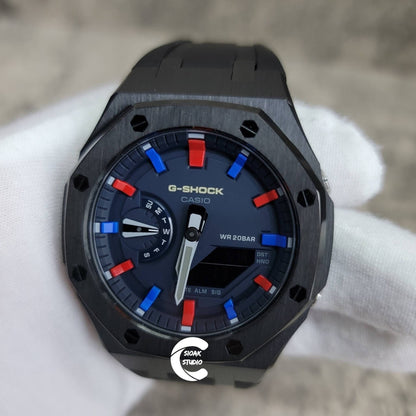 Casioak Mod Watch Black Case Black Rubber Strap Blue Red Time Mark Blue Dial 44mm- Casioak Mod Casio G-Shock Royal Oak Custom Mens Luxury Watches Ga2100