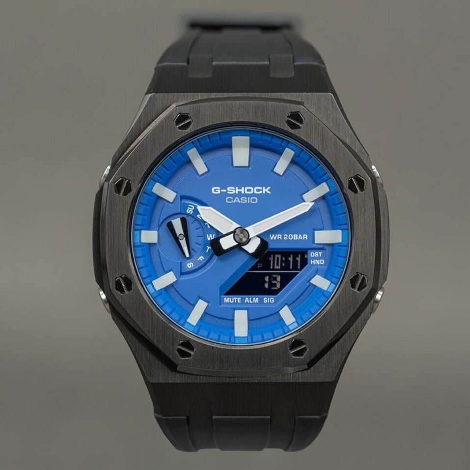 Casioak Mod Watch Black Case Black Rubber Strap Blue Time Mark Blue Dial 44mm- Casioak Mod Casio G-Shock Royal Oak Custom Mens Luxury Watches Ga2100