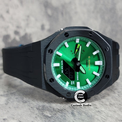 Casioak Mod Watch Black Case Black Rubber Strap Green White Time Mark Green Dial 44mm- Casioak Mod Casio G-Shock Royal Oak Custom Mens Luxury Watches Ga2100