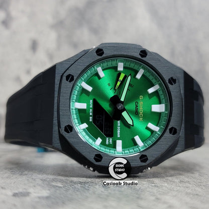 Casioak Mod Watch Black Case Black Rubber Strap Green White Time Mark Green Dial 44mm- Casioak Mod Casio G-Shock Royal Oak Custom Mens Luxury Watches Ga2100