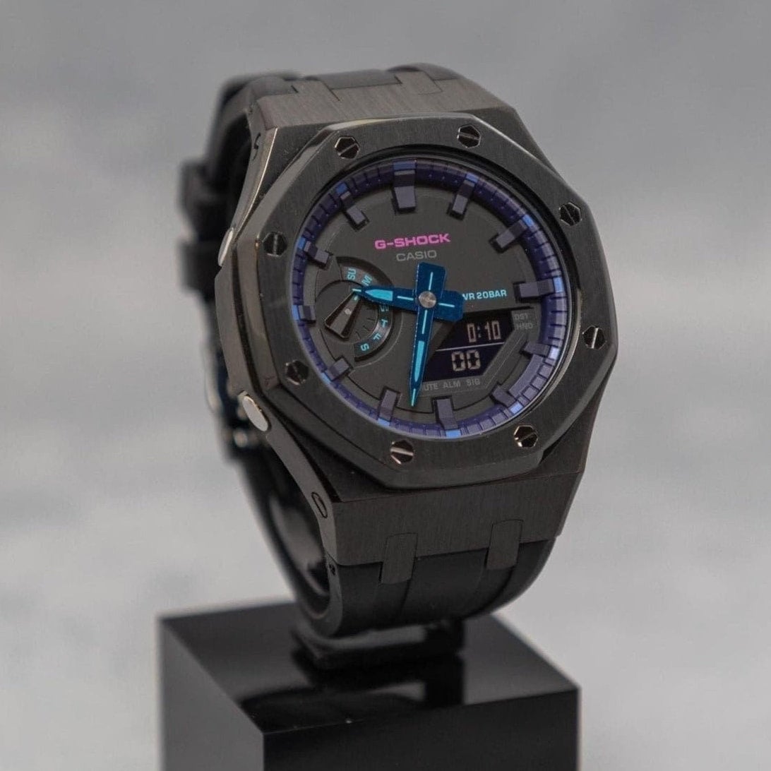 Casioak Mod Watch Black Case Black Rubber Strap Purple Black Time Mark Black Dial 44mm- Casioak Mod Casio G-Shock Royal Oak Custom Mens Luxury Watches Ga2100