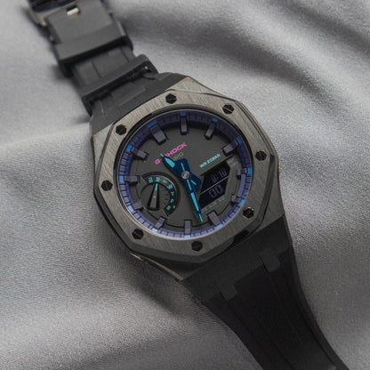 Casioak Mod Watch Black Case Black Rubber Strap Purple Black Time Mark Black Dial 44mm- Casioak Mod Casio G-Shock Royal Oak Custom Mens Luxury Watches Ga2100