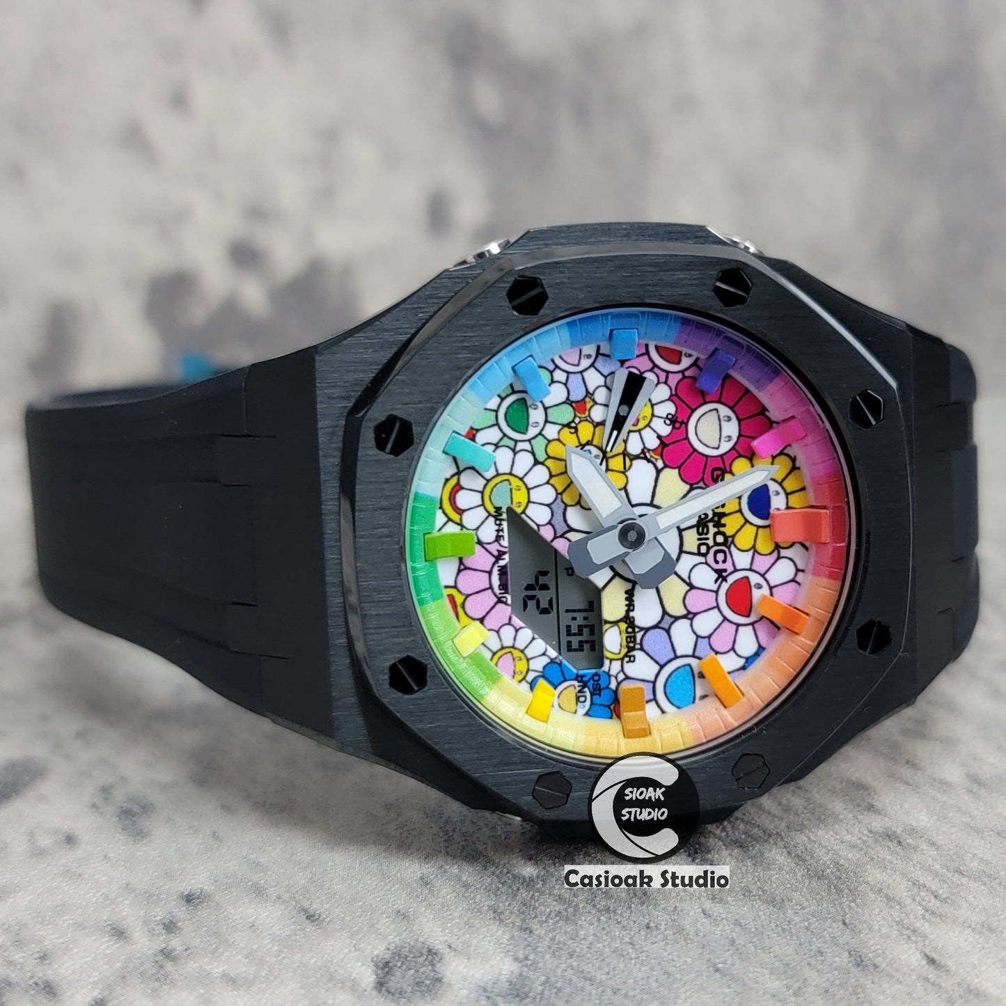 Casioak Mod Watch Black Case Black Rubber Strap Rainbow Time Mark TAKASHI MURAKAM Dial 44mm- Casioak Mod Casio G-Shock Royal Oak Custom Mens Luxury Watches Ga2100