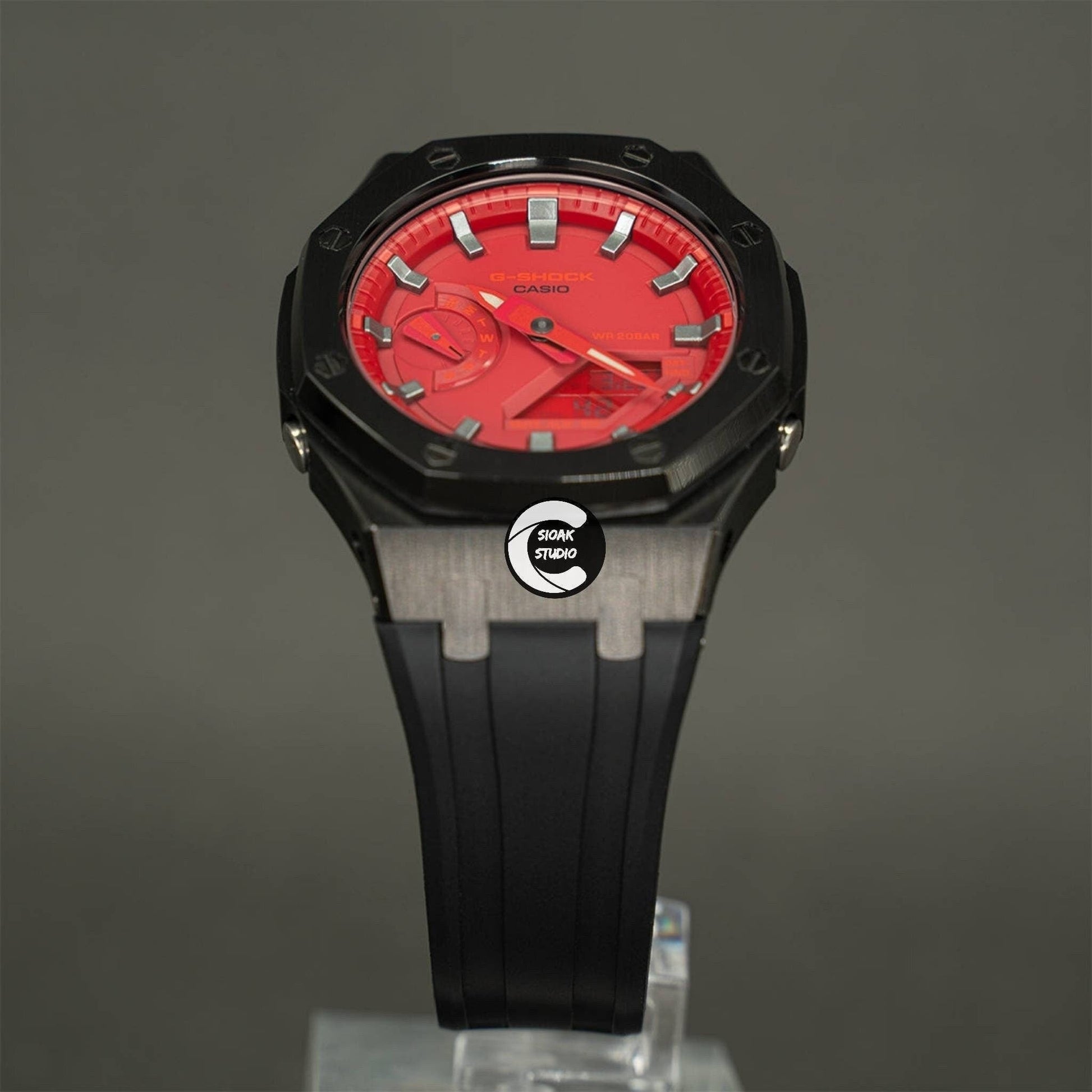 Casioak Mod Watch Black Case Black Rubber Strap Red Silver Time Mark Red Dial 44mm- Casioak Mod Casio G-Shock Royal Oak Custom Mens Luxury Watches Ga2100