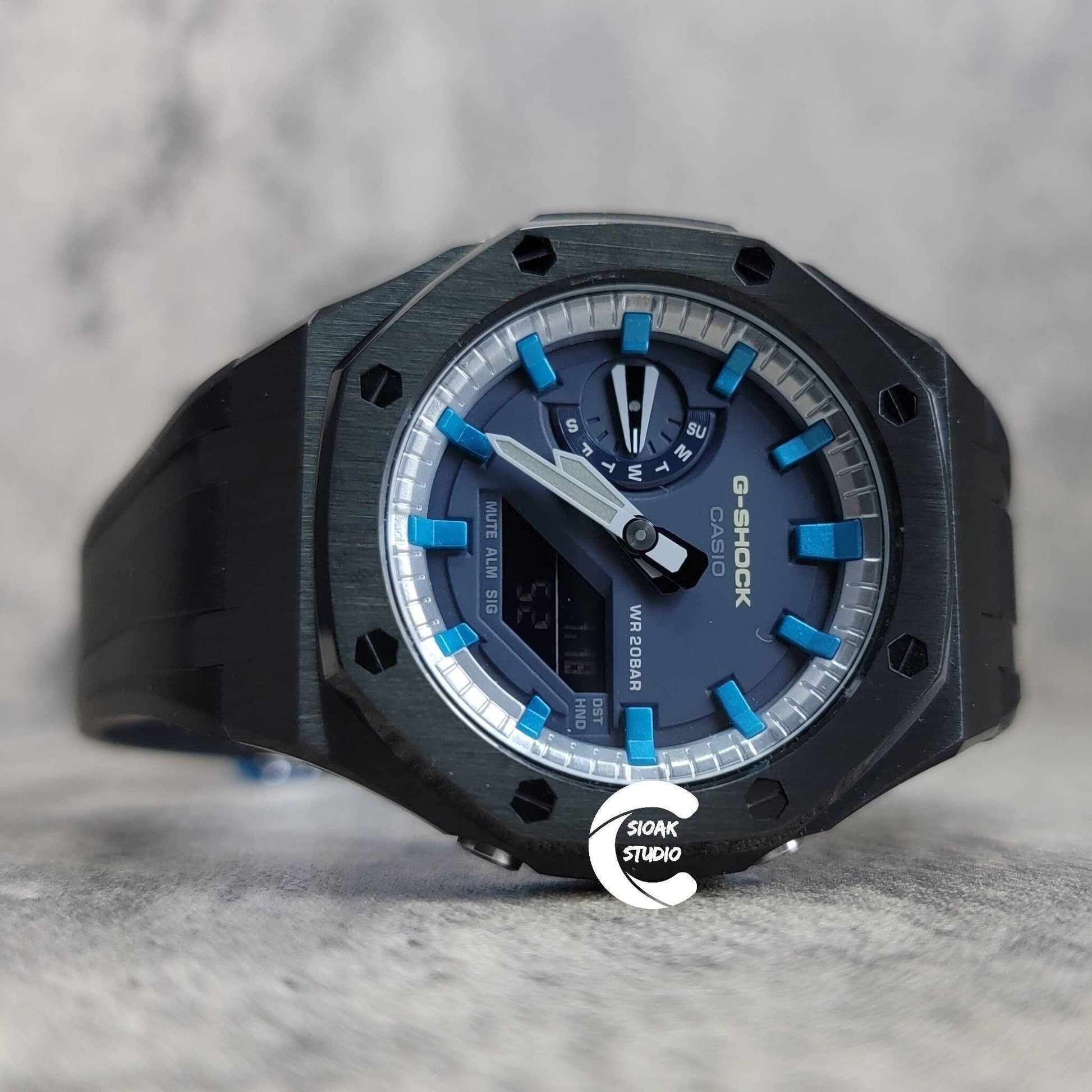 Casioak Mod Watch Black Case Black Rubber Strap Silver Blue Time Mark Blue Dial 44mm- Casioak Mod Casio G-Shock Royal Oak Custom Mens Luxury Watches Ga2100