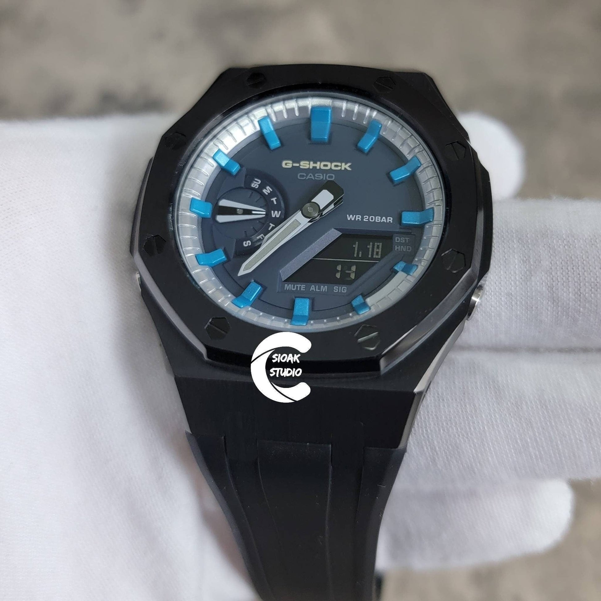 Casioak Mod Watch Black Case Black Rubber Strap Silver Blue Time Mark Blue Dial 44mm- Casioak Mod Casio G-Shock Royal Oak Custom Mens Luxury Watches Ga2100