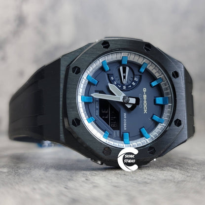 Casioak Mod Watch Black Case Black Rubber Strap Silver Blue Time Mark Blue Dial 44mm- Casioak Mod Casio G-Shock Royal Oak Custom Mens Luxury Watches Ga2100