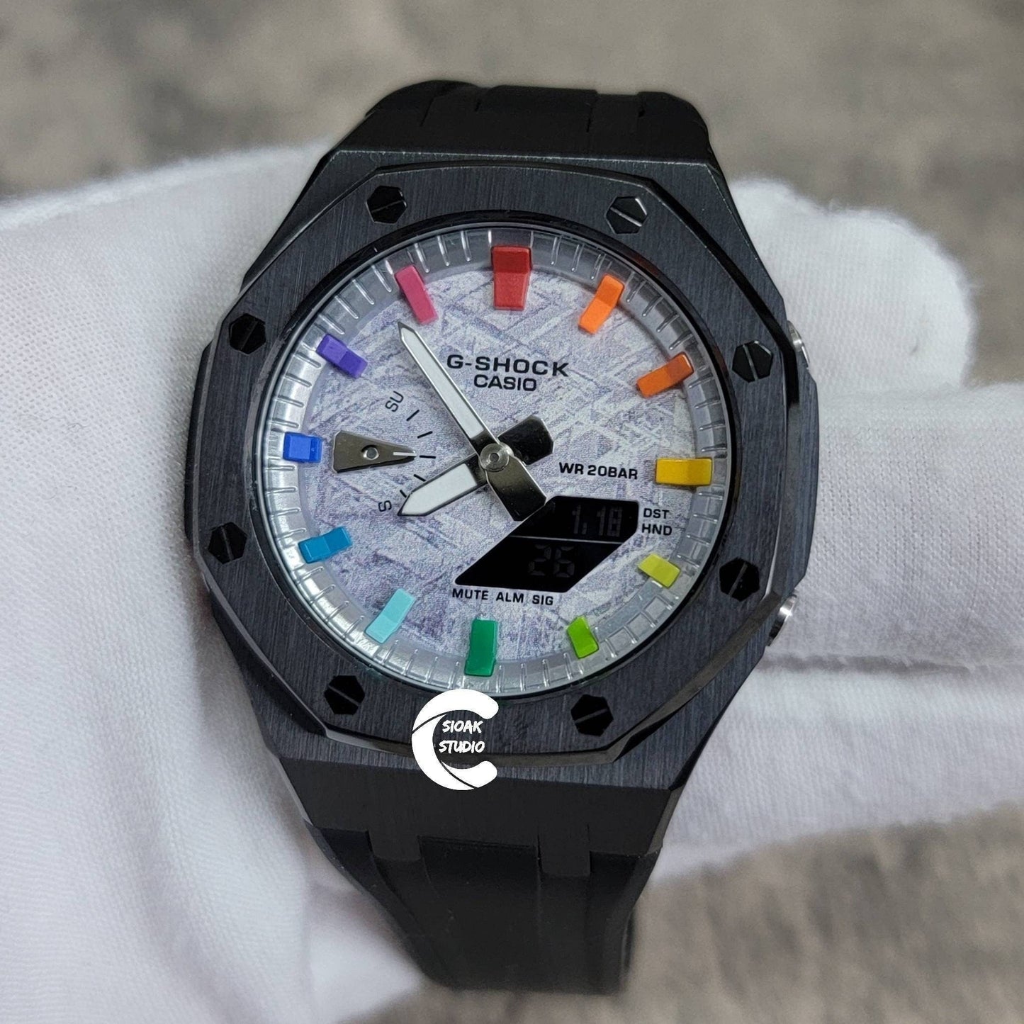 Casioak Mod Watch Black Case Black Rubber Strap Silver Rainbow Time Mark Meteorite Dial 44mm- Casioak Mod Casio G-Shock Royal Oak Custom Mens Luxury Watches Ga2100