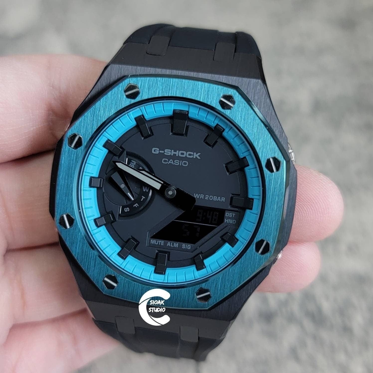 Casioak Mod Watch Black Case Black Rubber Strap Tiff Black Time Mark Black Dial 44mm- Casioak Mod Casio G-Shock Royal Oak Custom Mens Luxury Watches Ga2100