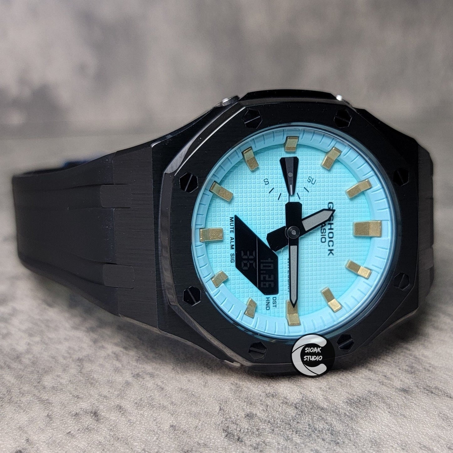 Casioak Mod Watch Black Case Black Rubber Strap Tiff Gold Time Mark Tiff Blue Dial 44mm- Casioak Mod Casio G-Shock Royal Oak Custom Mens Luxury Watches Ga2100